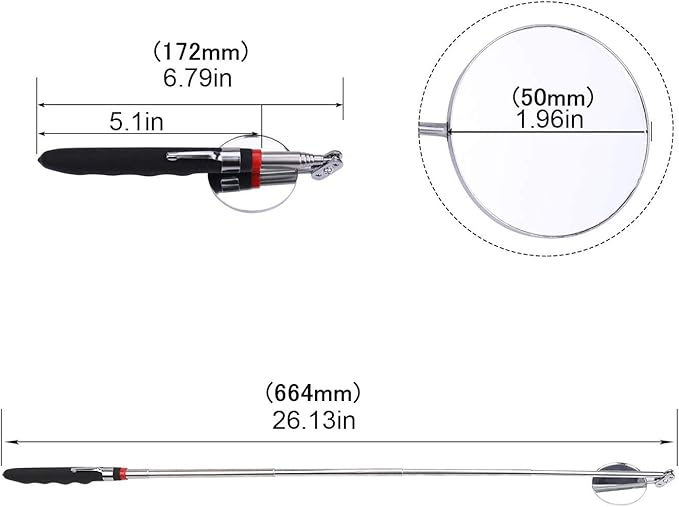 Inspection mirror telescoping Round Mirror 20 lb telescopic magnet, 85mm/50mm round mirror set Inspection Tool for Checking Vehicle, Observing Eyelashes Mouth and Other Small Parts Extended