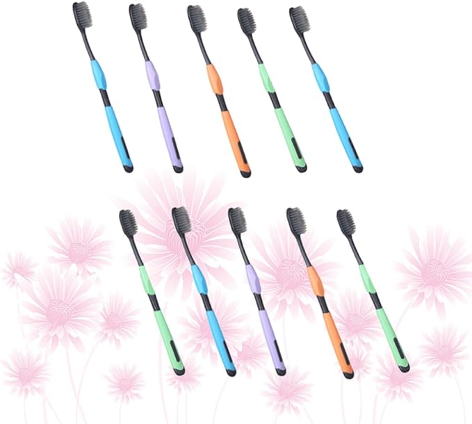 10Pcs Charcoal Toothbrush with Extra Gentle Thin Bristles for Gentle Plaque Removal Oral Care Brushes with Comfortable Non-Slip Handles Mixed Colors for Family Bathroom Use