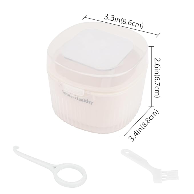 Denture Bath Case with Mirror, False Teeth Container Cups Holder for Storage Soaking Travel Cleaning, Mouth Guard Retainer Case Kit with Strainer Basket, Removal Tool and Cleaning Brush (White)