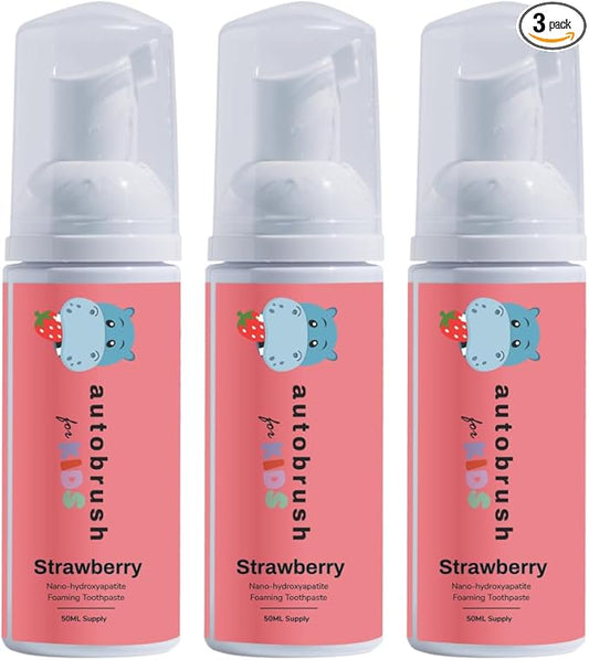 Autobrush Fluoride-Free Foaming Toothpaste for Kids, Strawberry Flavor, Whitening & Deep Cleaning, Travel Friendly, Anti-Cavity (Pack of 3)