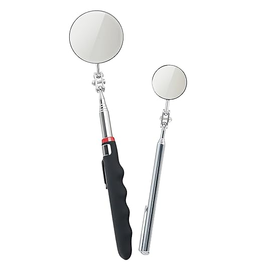 Telescoping Inspection Mirror with Rotating Head,Extendable Mechanic Mirror with Long Handle and Clip-On Design for Mechanics, Dentists, Auto, Boat (2.05in Round & 1.18in Round)