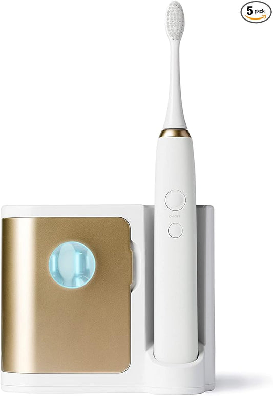 Vanity Planet Elements Ultrasonic Electric Toothbrush - Gold - Advanced Oral Care with UV Sanitizing Charger Base with 3 Replacement Heads - 99.9% Effective Keeping Your Teeth Clean