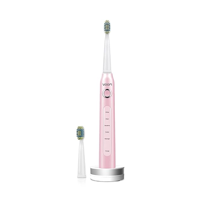 Voom Sonic Pro 5 Series Rechargeable Electronic Toothbrush + Pro 3/Pro 6-Replacement Heads - 2 Minute Timer with Quadrant Pacing, 5 Adjustable Speeds, Soft Dupont Nylon Bristles, Pink