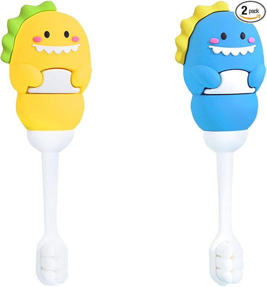 Toddler Toothbrush with Tongue Cleaner, Extra Soft Bristles for Kids 1-6，BPA-Free Baby Toothbrush with Ergonomic Grip & Non-Slip Handle，Kid Toothbrush for Gentle Care & Safe Brushing (Blue+Yellow)