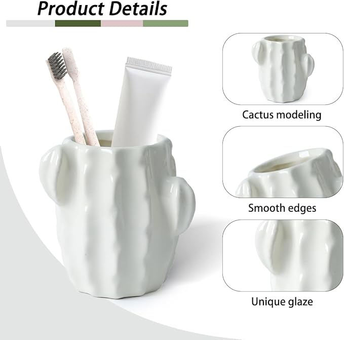Ceramic Cactus Toothbrush Holder for Bathrooms，Toothpaste Holder Cute Toothbrush Holder Set,for Bathroom Counter and Desk Office Fun Decor Desk Organizer, Makeup Brush Holder -White