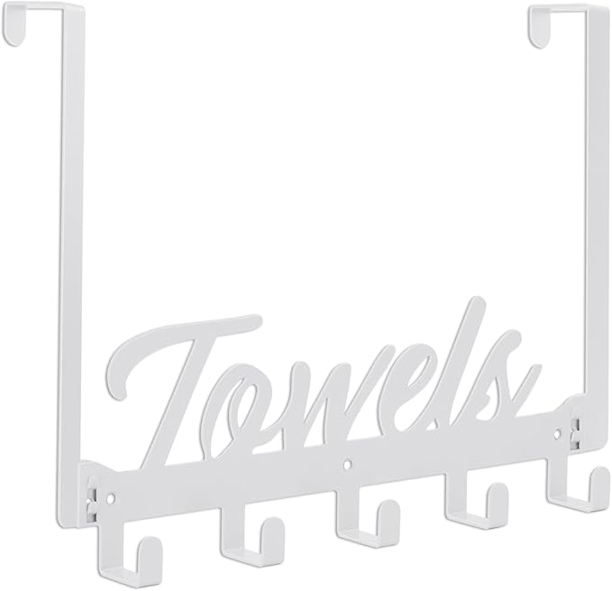 Over The Door Hooks, Towel Rack for Bathroom & Bedroom, Heavy Duty Over Door Towel Hanger with 5 Coat Hooks, White