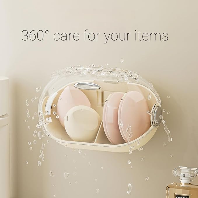 Wall-Mounted Makeup Sponge Holder Beauty Blender Holder Small Hair Accessories Organizer Drying Storage Box for Bathroom Countertop with Cute Big Eyes and Lid, 2 Compartments(1 PC,whiter)