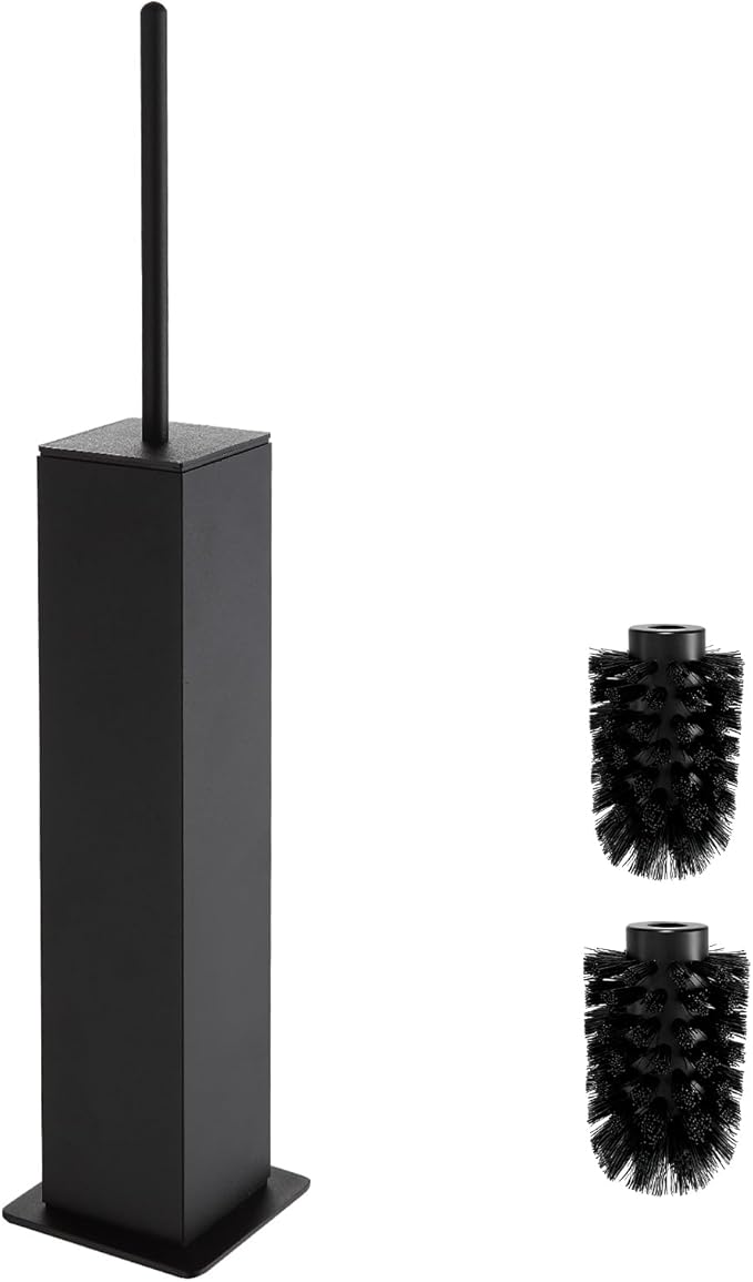 Toilet Brush and Holder Floor Standing, Black with 2 Replaceable Heads, Bathroom Toilet Brush, Freestanding Toilet Bowl Brush with Removable Liner and Splash Guard, Modern Square Design