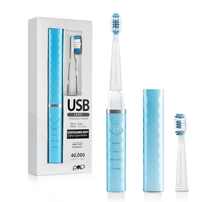 Pop Sonic USB Charge Anywhere Toothbrush (Hawaiian Blue) | Rechargeable Toothbrush w/Up to 40,000 Brush Strokes/Minute-Long-Lasting Nylon Bristles - Teens & Adult with Quadrant Pacer