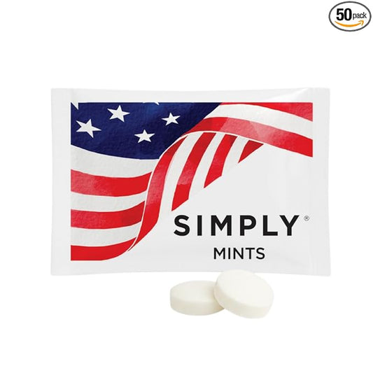 SIMPLY Peppermint US FLAG Individually Wrapped Breath Mints in Bulk, 50 Packets (2 per Packet), | Perfect for Office, School, Travel, Party Favors, Restaurants & Hospitality, Fourth of July