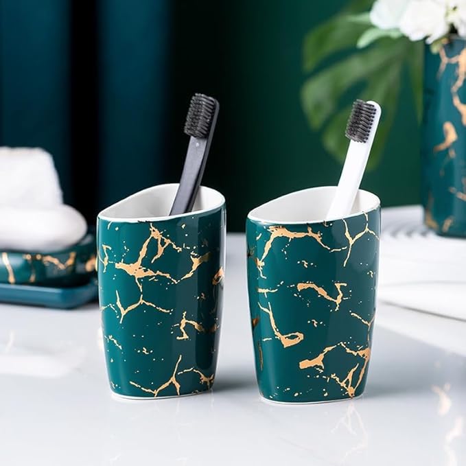 Green Bathroom Accessories Set,Gold Marble Look Bathroom Decor,Modern 6 Piece Bathroom Accessory Set,Complete with Soap Dispenser,Toothbrush Holder,Tumbler,Tray Countertop