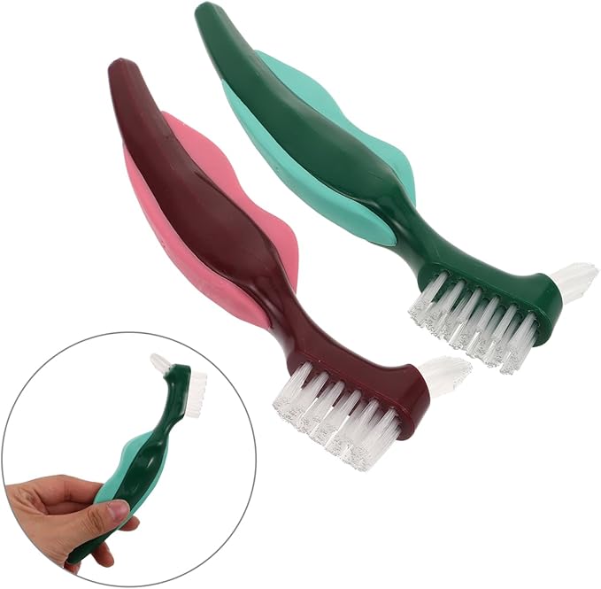 OUNONA Dual Head Denture Toothbrush for False Teeth Hard Bristle Oral Appliance Cleaner with Non-Slip Comfortable Grip 2-Pack Travel-Friendly Dentures Cleaning Brush for Seniors