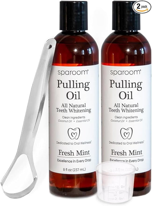 SpaRoom Oil Pulling for Teeth and Gums – 2 Pack Coconut Oil Pulling for Teeth with Tongue Scraper, Fresh Mint, Natural Mouthwash Alternative for Gum Health, Oral Hygiene, and Breath Support, 16 fl oz