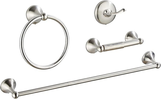 4-Piece Bathroom Hardware Set: Brushed Nickel Bathroom Accessory Set, Towel Bar,Towel Ring,Toilet Paper Holder,Robe Hook, Wall Mounted,Optional Install Longer or Shorter Towel bar