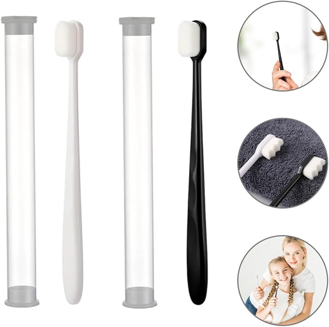 HAPINARY 4PCS Ultra Soft Micro Nano Bristle Toothbrush for Adults Portable Oral Cleaning Brush with Flat Wave Heads Black White for Travel and Home Use