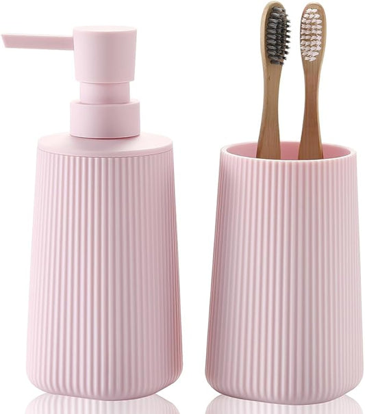 Bathroom Accessories 2 Piece Soap Dispenser and Toothbrush Holder Set Striped Light Pink