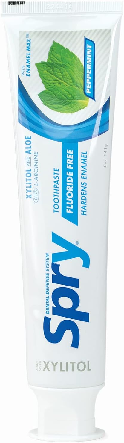 Spry Natural Xylitol Toothpaste 5oz for Adults and Kids - Fluoride Free, Gentle for Sensitive Teeth Whitening and Remineralizing, Breath Freshening, Mouth Moisturizing, Peppermint (Pack of 6)