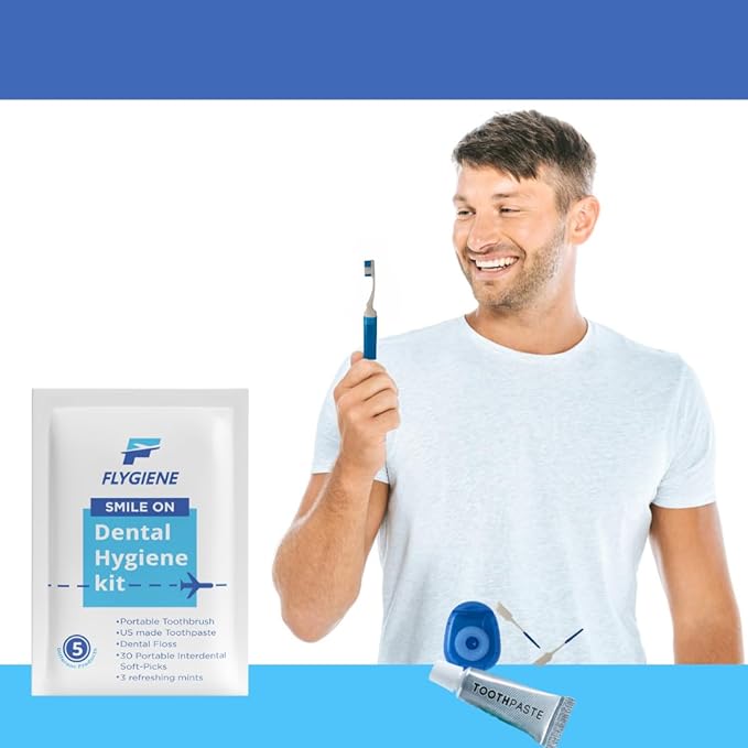 FLYGINE Smile On – Complete Dental Travel Kit – Includes Travel Toothbrush, Toothpaste, Floss, Interdental Picks & Mints – TSA-Approved Oral Care Kit in a Durable, Reusable Case with Zipper Closure