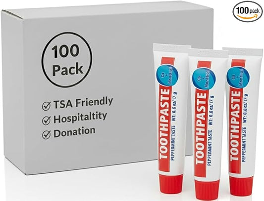 100 Pack 0.21 oz Peppermint Toothpaste for Hospitality, Hotel, Travel,Charity Homless Donation (100 Tubes 0.21 Ounces Each)