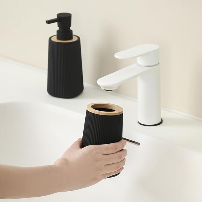 Bathroom Accessories 2 Piece Soap Dispenser and Toothbrush Holder Set Striped with Bamboo Decor Black
