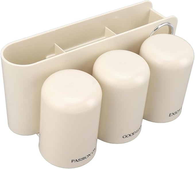 Wall Mounted Toothbrush and Toothpaste Cup Organizer Set No Drill Bathroom Storage Rack with Toothpaste Dispenser and Three Cups