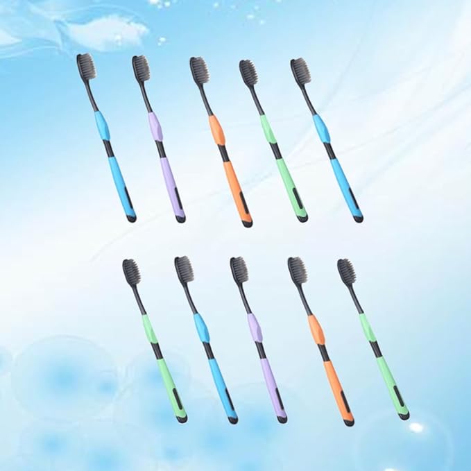 10Pcs Household Charcoal Toothbrushes Gentle Thin Bristles Oral Care Cleaning Brush Mixed Colors Comfortable Grip Non-Slip Handles for Bathroom Accessories