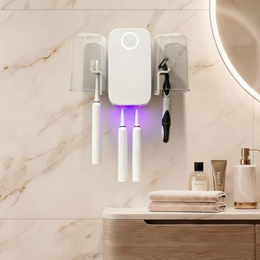 UV Toothbrush Sanitizer Holder Wall Mounted for Bathroom, UVC+UVA Light Cleaning Support with Drying Fan, 2 Toothbrush Slots, Battery Operated or USB Powered
