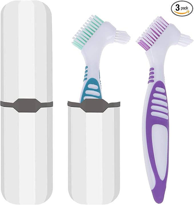Denture Brush, 2 Pieces False Teeth Toothbrush with White Carrying Case, Green and Purple Multi-Layered Bristles with Ergonomic Rubber Handle for Dentures Cleaning