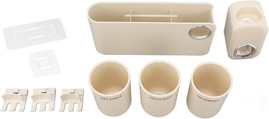 Wall Mounted Toothbrush and Toothpaste Cup Organizer Set No Drill Bathroom Storage Rack with Toothpaste Dispenser and Three Cups