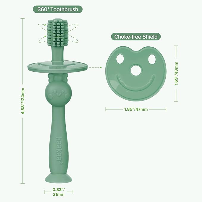 haakaa 360° Baby Toothbrush with Suction Base - Gentle Cleaning for Toddler's Self-Brushing Training, Food-Grade Silicone, Adjustable Safety Shield - Jade (1 Piece)