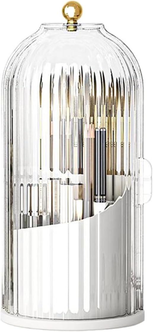 Birdcage-Style Concealed Toothbrush Holder Sliding Lid Bathroom Counter Organizer Tooth Brush Holder for Bathroom 360 Rotating Waterproof Dustproof Makeup Brushes Storage for Vanity (White)