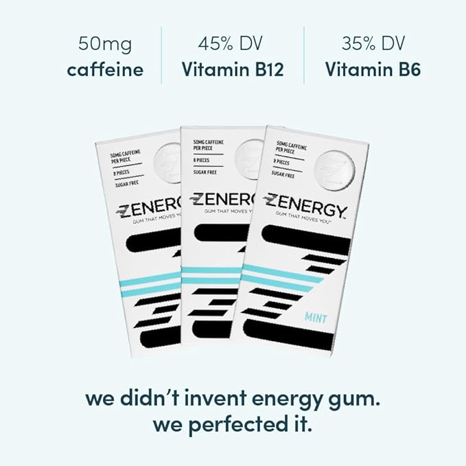 ZENERGY Energy Gum - Mint Flavor | 50mg Caffeine + 35% B6 and 45% B12 Vitamin | Vegan, 0 Sugar, 0 Calories, 0 Gluten, 0 Aspartame, Non-GMO, Instant Action | 12 Pack = 96 Count