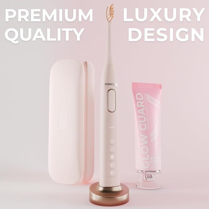 SMILE NOVA Sonic Lux™ Pink Electric Toothbrush for Adults – Luxury Rechargeable Sonic Electric Toothbrush with GlowGuard Nano-Hydroxyapatite Whitening Toothpaste & 6 Brush Heads
