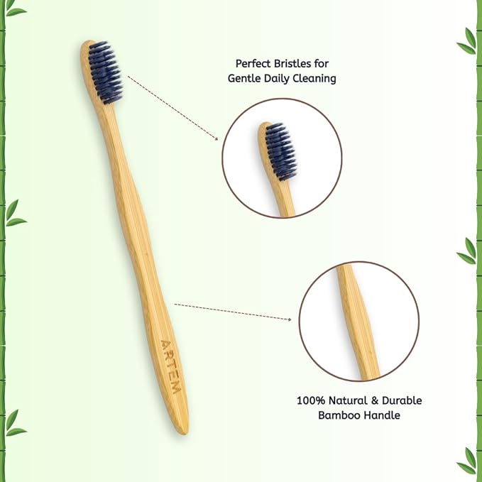 ARTEM Bamboo Toothbrush with Soft Bristles – Eco-Friendly, Biodegradable & Compostable – Natural Wooden Toothbrush for Adults & Kids – Plastic-Free Oral Care (Pack of 5)