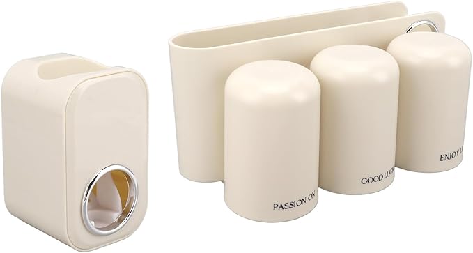 Wall Mounted Toothbrush and Toothpaste Cup Organizer Set No Drill Bathroom Storage Rack with Toothpaste Dispenser and Three Cups