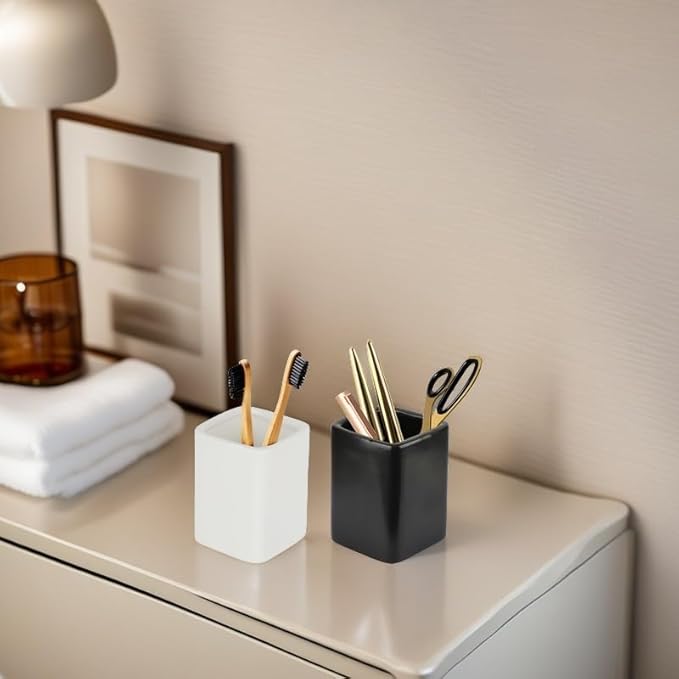 Ceramic Square Toothbrush Cup – Durable & Colorfast Toothbrush Holder for Bathroom, Hotel & Office Desk Storage – Modern Bathroom Countertop Holder for Toothpaste, Razors & Daily Essentials