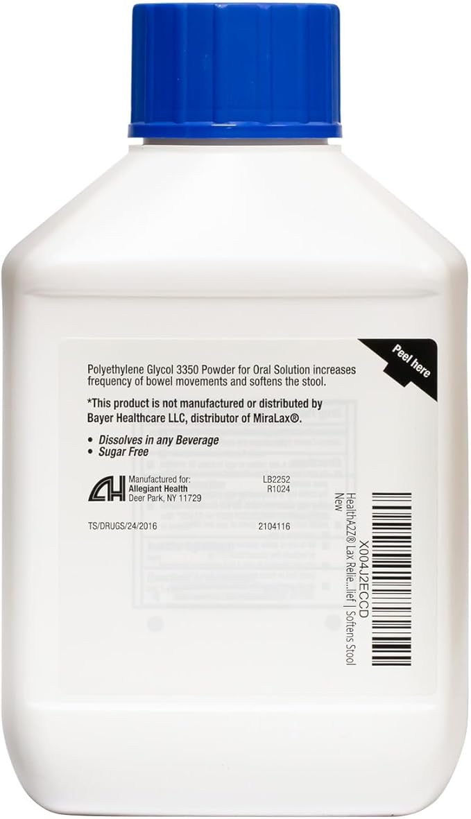 HealthA2Z® Lax Relief | Unflavored Powder/Grit Free | 17.9 OZ (510 g) | Polyethlene Glycol 3350, 17G | Powder for Oral Solution | Osmotic Laxative | Constipational Relief | Softens Stool (17.9 OZ)