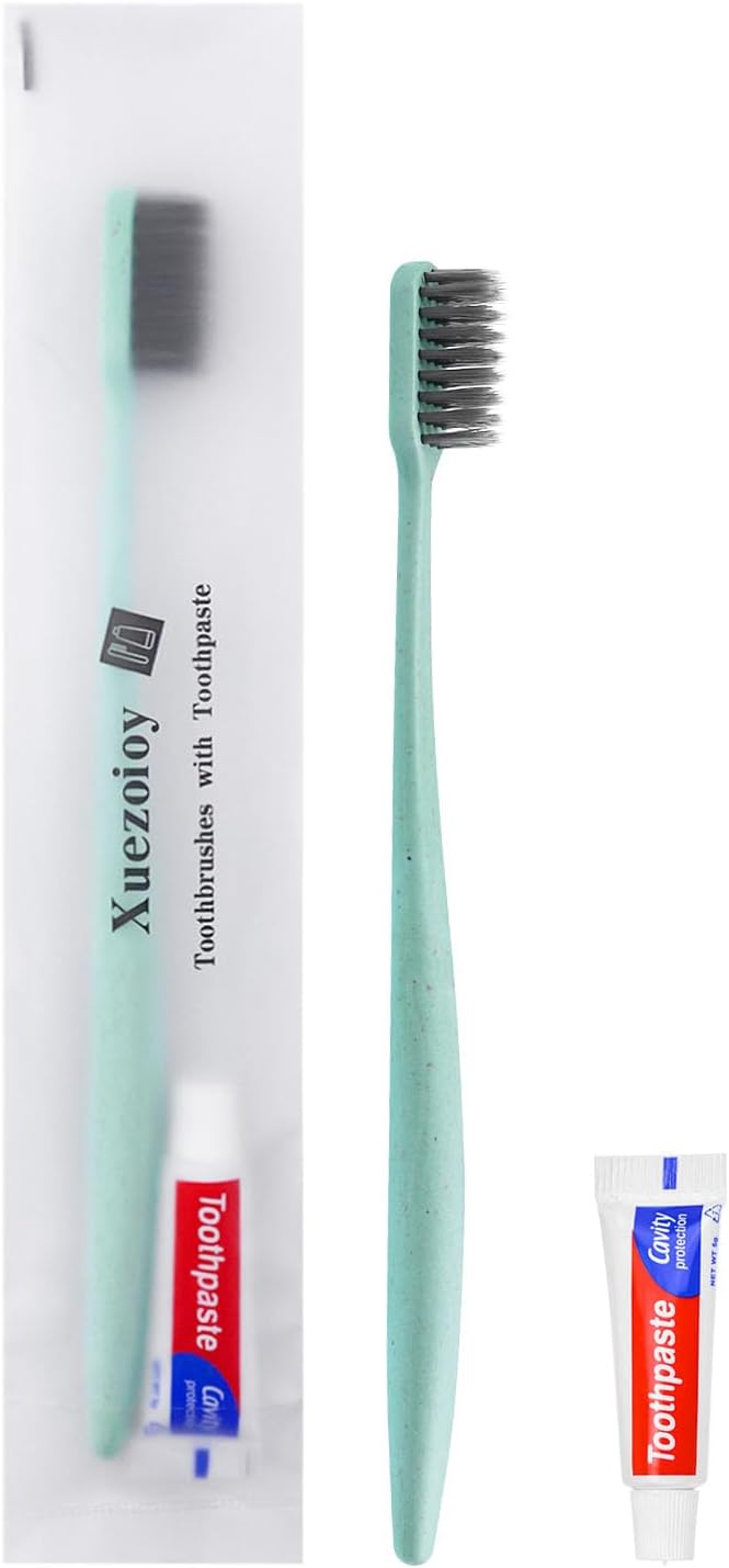 Disposable Toothbrushes with Toothpaste,100 Pack Green Individually Wrapped Disposable Travel Toothbrushes Kit in Bulk for Homeless,Nursing Home,Hotel,Charity
