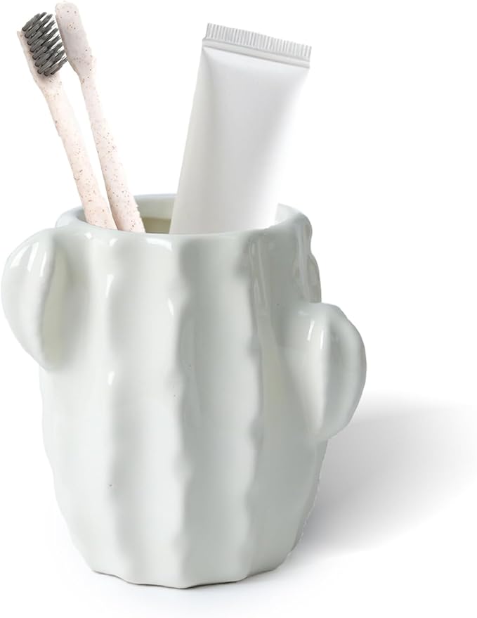 Ceramic Cactus Toothbrush Holder for Bathrooms，Toothpaste Holder Cute Toothbrush Holder Set,for Bathroom Counter and Desk Office Fun Decor Desk Organizer, Makeup Brush Holder -White