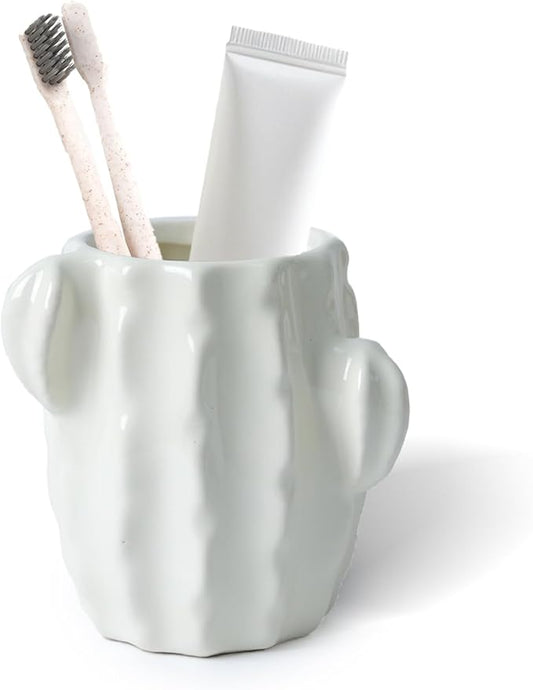 Ceramic Cactus Toothbrush Holder for Bathrooms，Toothpaste Holder Cute Toothbrush Holder Set,for Bathroom Counter and Desk Office Fun Decor Desk Organizer, Makeup Brush Holder -White