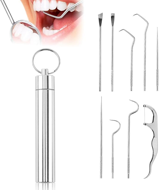 Stainless Steel Toothpick Set, Reusable Metal Toothpicks Cleaning Kit with Holder, Dental Picks Metal Dental Kit Oral Care Tools Toothpicks Pocket Set for Outdoor Picnic Camping Traveling (9 Pcs/Set)