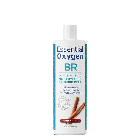 Essential Oxygen, Certified Organic Brushing Rinse, Cinnamint, 16 fl oz, All Natural Mouthwash for Whiter Teeth, Fresher Breath, and Happier Gums, Dentist Recommended, Alcohol-Free, BR (Pack of 1)