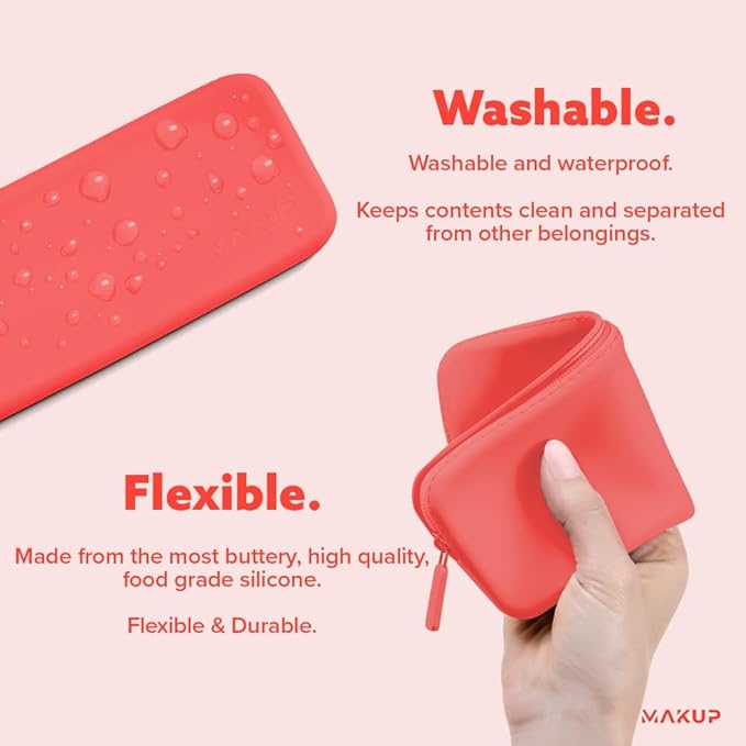 MAKUP Silicone Makeup Bag, Makeup Brush Holder with Zipper for Organizing Cosmetics, Makeup Brushes, Tools and Pencils, Washable Makeup Brush Holder Pouch for Travel (Watermelon Sugar)