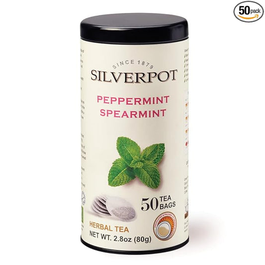 Silverpot Peppermint & Spearmint Tea Bags - 50 Round Bags | Natural, Refreshing Mint | Caffeine Free, Herbal | Reusable Tin