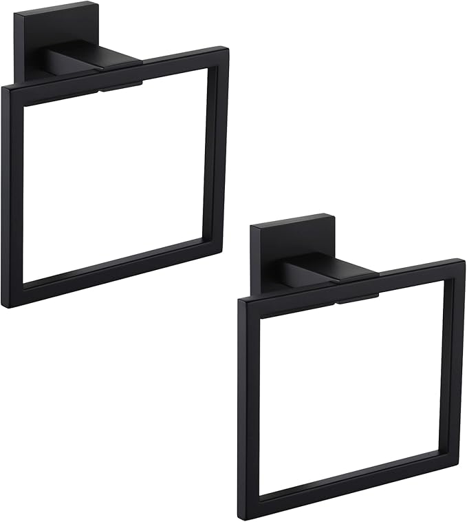 KOKOSIRI Hand Towel Ring Shower Towel Hanger 2PC Bath Towel Holder Bathroom Lavatory Stainless Steel Wall Mount 2 Pack, Matte Black, B3004BK-P2