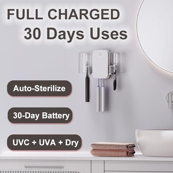 UV Toothbrush Sanitizer Holder Wall Mounted for Bathroom, UVC+UVA Light Cleaning Support with Drying Fan, 2 Toothbrush Slots, Battery Operated or USB Powered