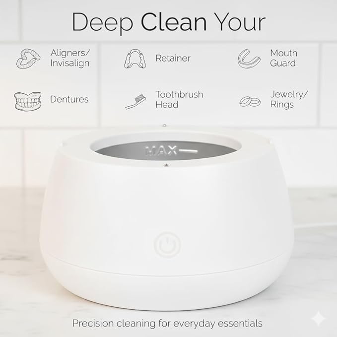 FIONA JAMES 48kHz Ultrasonic Retainer Cleaner with UV | Professional Sonic Dental Cleaning Pod for Aligner, Night Guard, Denture & Jewelry | White
