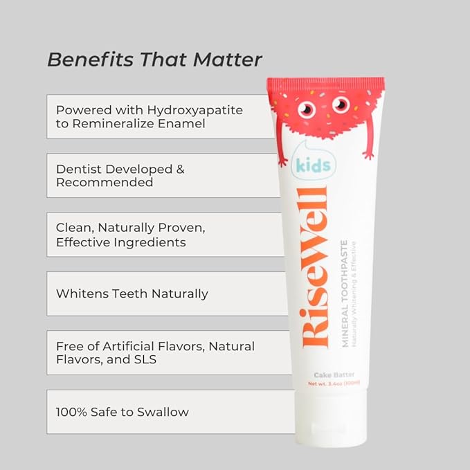 RiseWell Kids Mineral Toothpaste - Kids Hydroxyapatite Toothpaste - Made by Dentists, Safe to Swallow, No Added Fluoride and All Natural - Cake Batter Flavor, 3.4 Oz