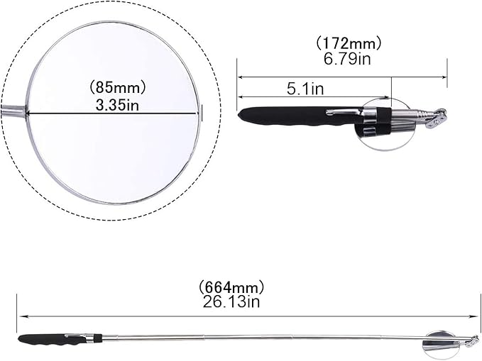 Inspection mirror telescoping Round Mirror 20 lb telescopic magnet, 85mm/50mm round mirror set Inspection Tool for Checking Vehicle, Observing Eyelashes Mouth and Other Small Parts Extended