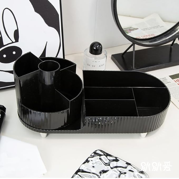 Makeup Organizer Countertop Rotating Makeup Organizer for Vanity Large Capacity Cosmetic Display Case with Makeup Brush Holder Cosmetic Organizer Countertop（Black）